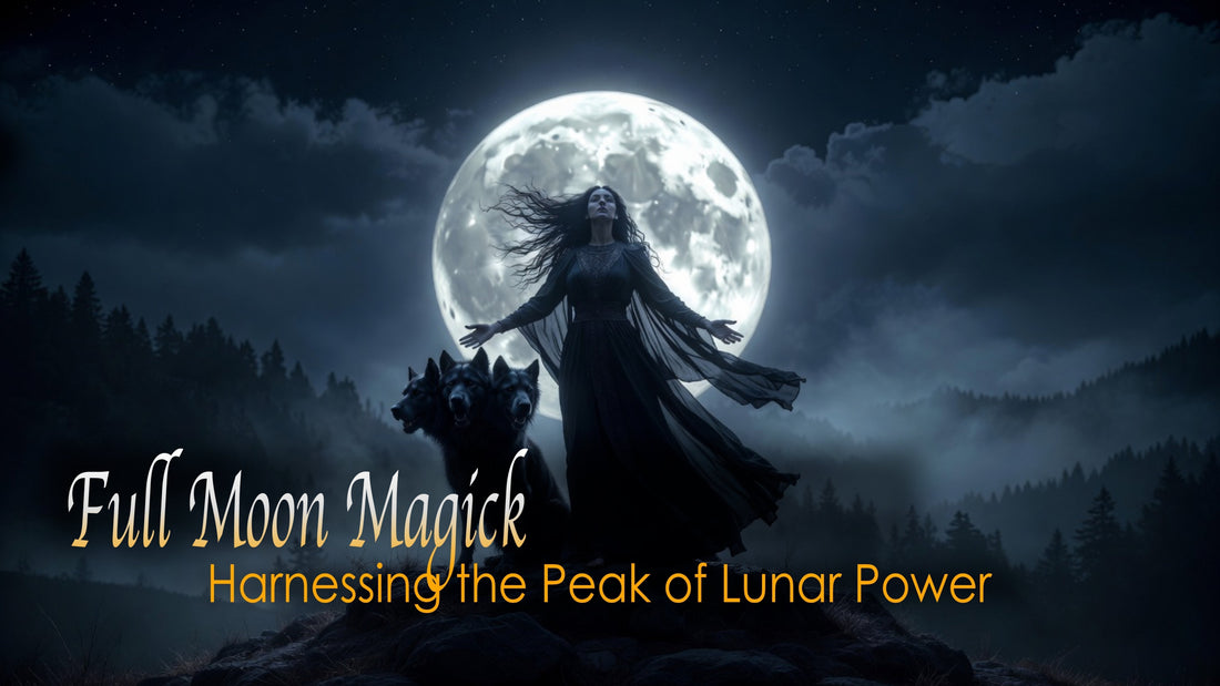 The Goddess Hekate, standing before a huge full moon, with her three headed dog. The words Full moon magick and Harnessing the peak of lunar power, appear over a dark background.