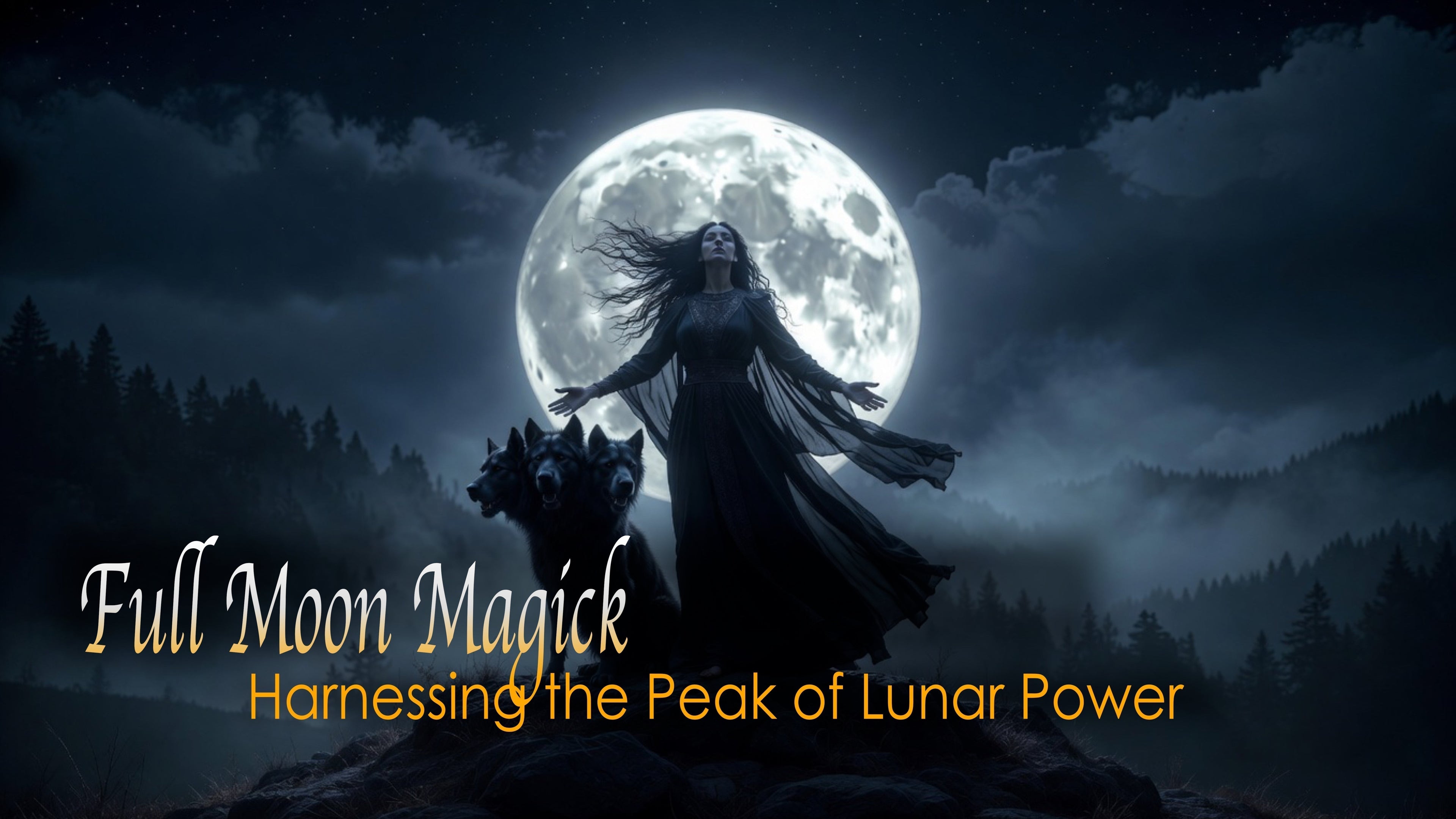 The Goddess Hekate, standing before a huge full moon, with her three headed dog. The words Full moon magick and Harnessing the peak of lunar power, appear over a dark background.