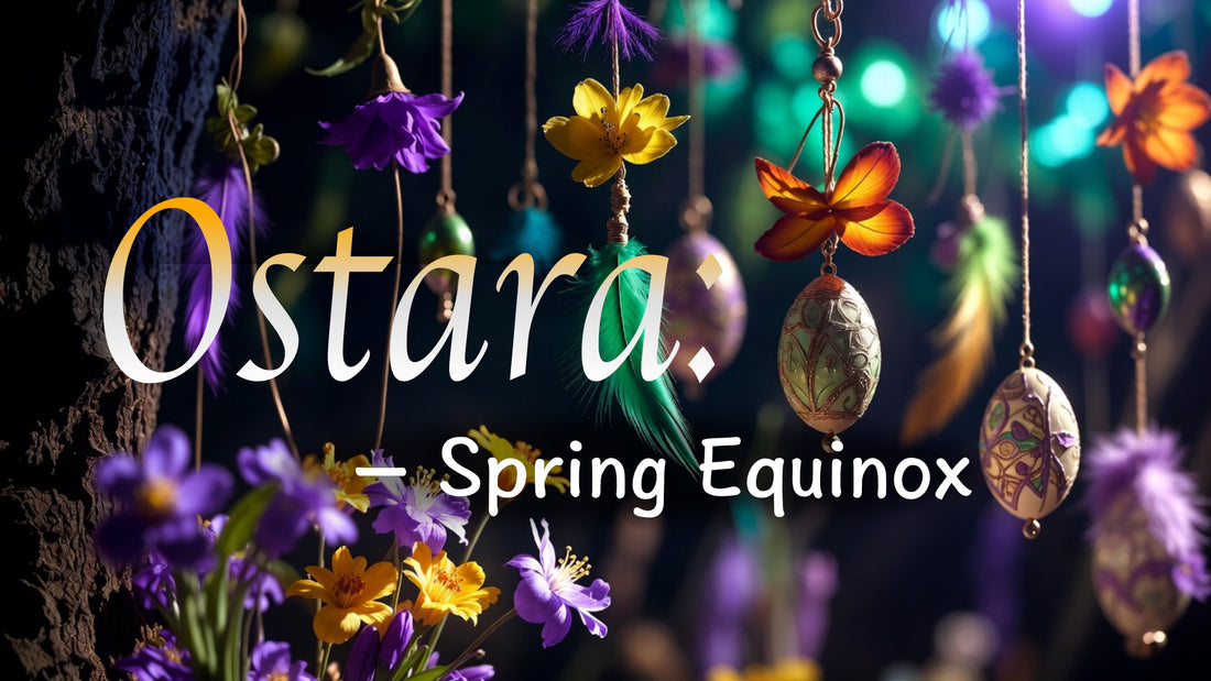 Ostara Spring Equinox blog image with colourful hanging flowers are painted eggs