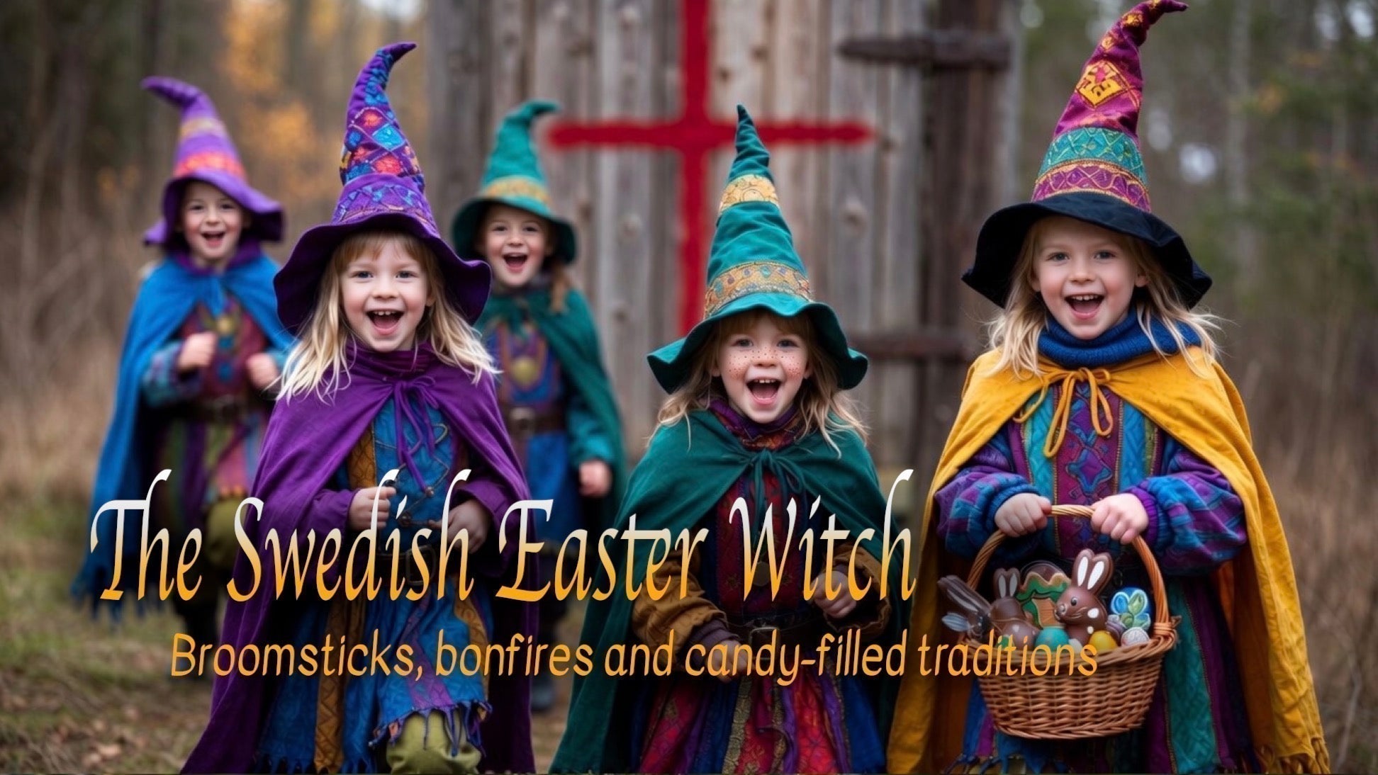 Young Swedish children enjoying Easter, dressed as colourful witches clutching a basket of chocolate treats