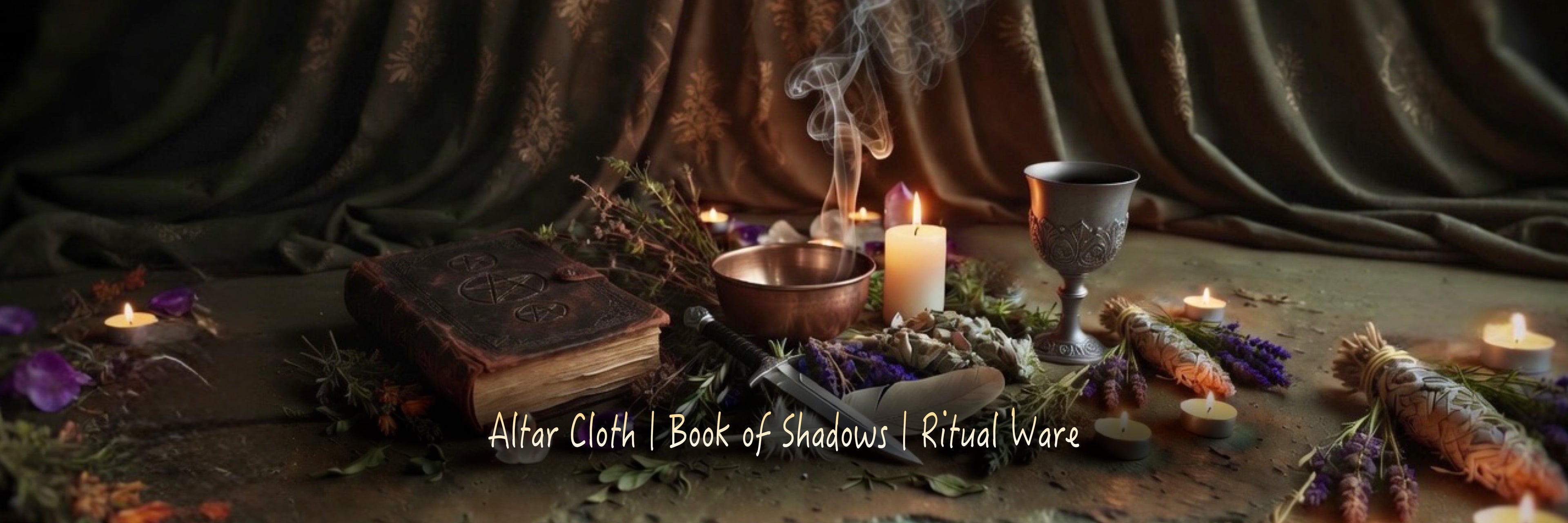 Moonlit Shadow Altar Collection - with leather book of shadows, goblet, copper smudge bowl and lit candles, on a dark mystic background 