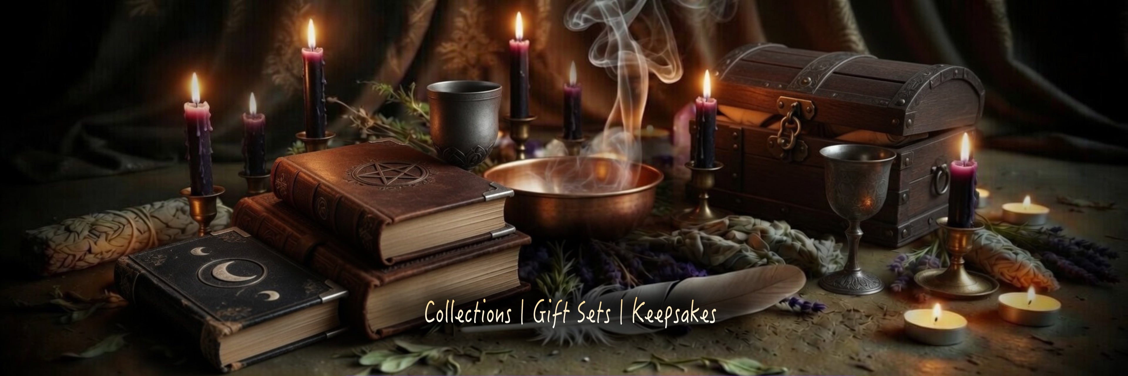 Mooonlit Shadow bewitching gifts collection, books, goblets, chest and candles in a dark mysterious background