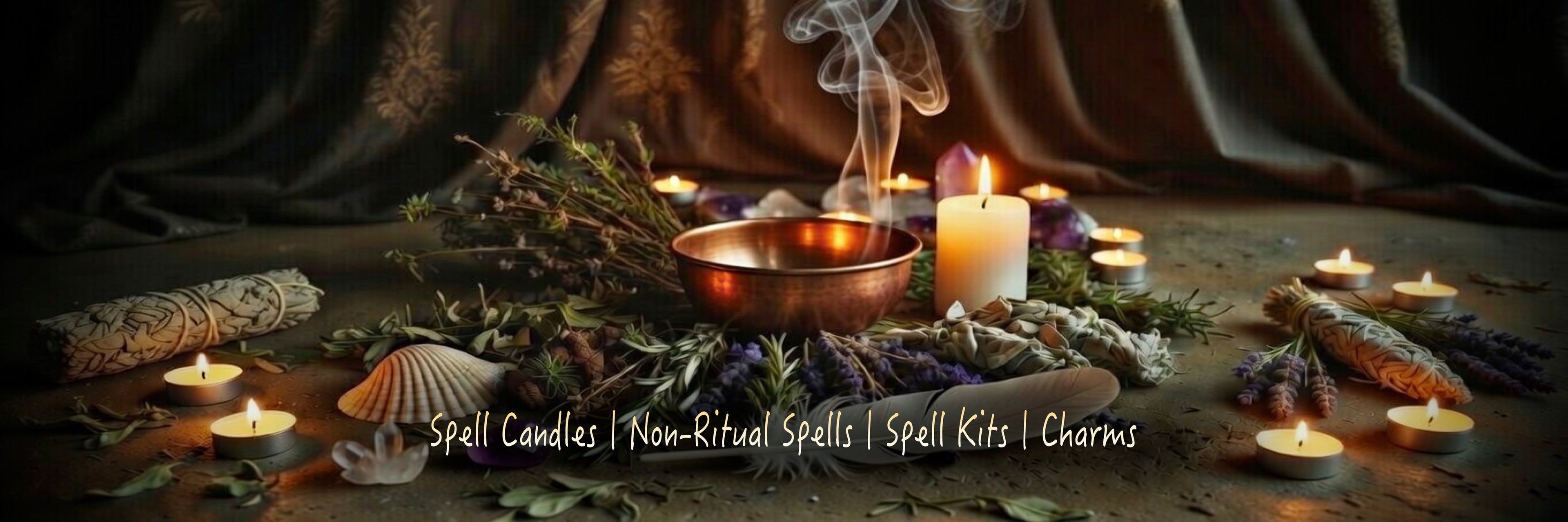 Altar laid out for a spell, with lit candles, herbs, smudge stick, feather and shell with a lit candle in a dark gothic background