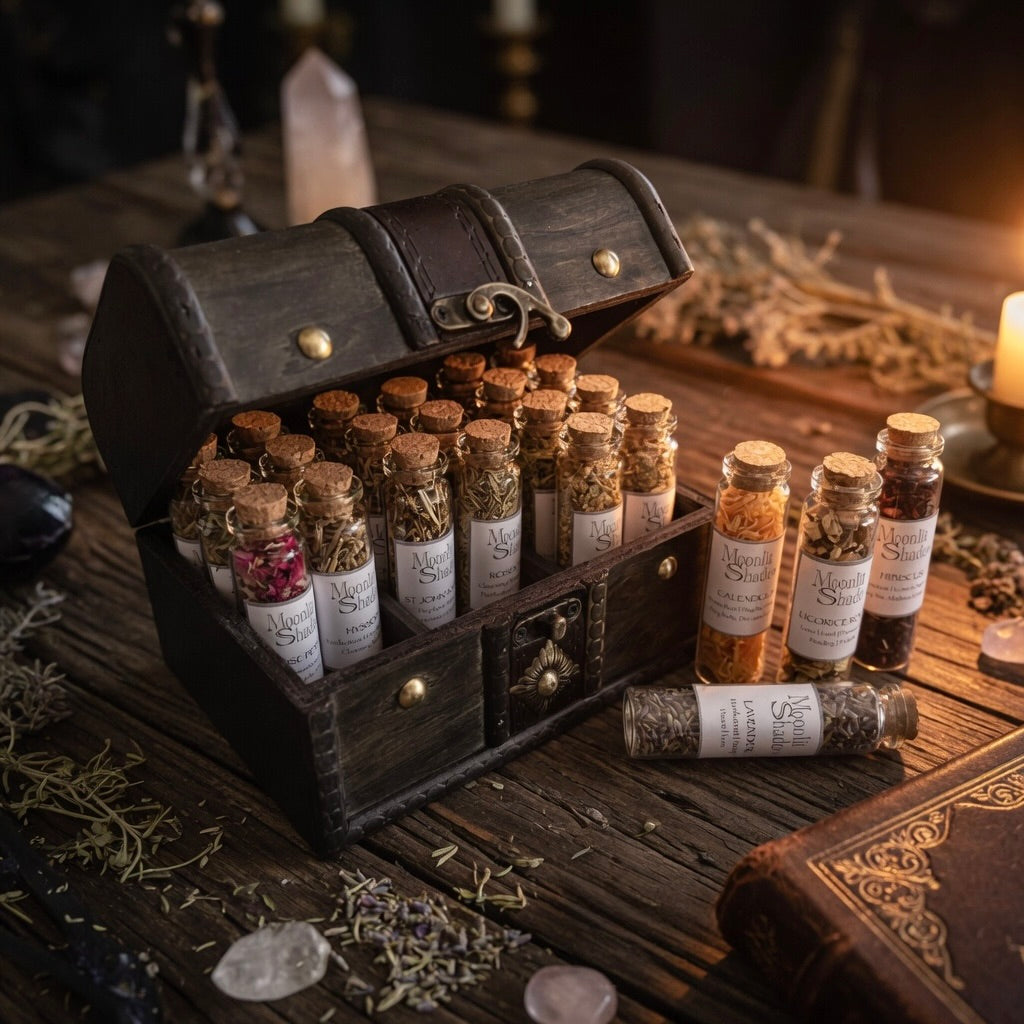 Wooden chest with bottles of herbs, candles, and a book on a wooden surface.
