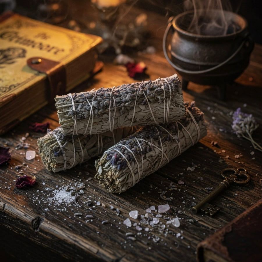 Three sage and lavender smudge sticks, on a wooden surface with a book and small pot in the background.