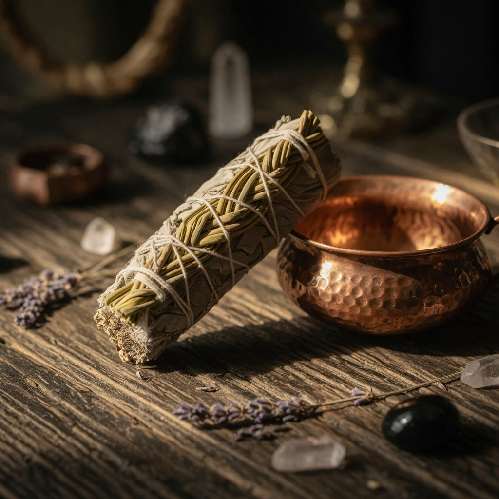 Sage and sweetgrass smudge stick and copper bowl on a wooden surface with crystals and lavender.