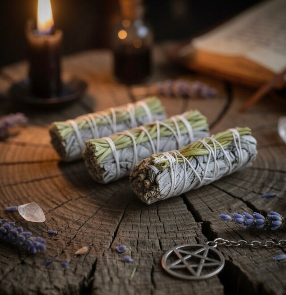 Three sage and sweetgrass smudge sticks on a wooden surface with lavender and a pentacle pendant.