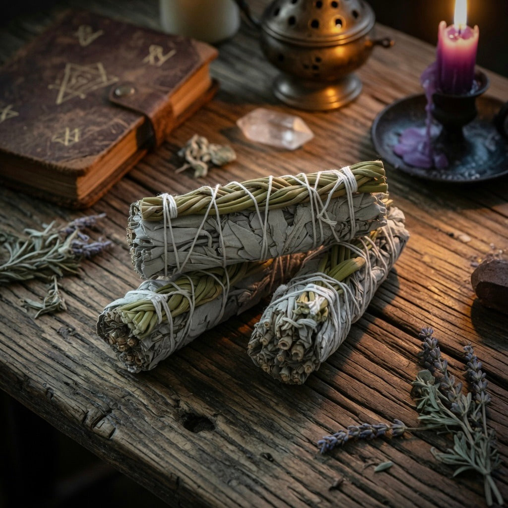 White sage and sweetgrass smudge sticks on a wooden surface with a book, crystal, and candle in the background.