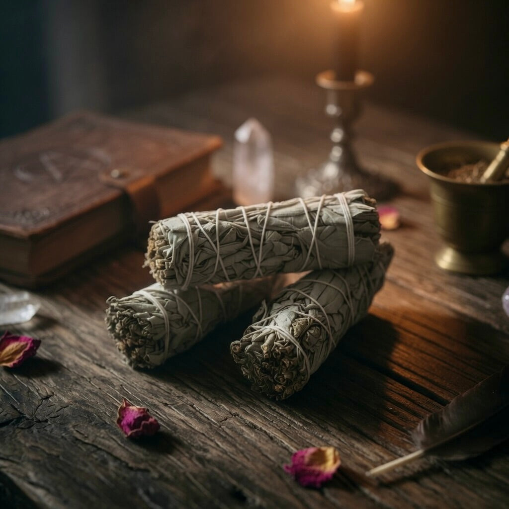 Three sage smudge sticks on a wooden surface with books, crystals, and a candle in the background.