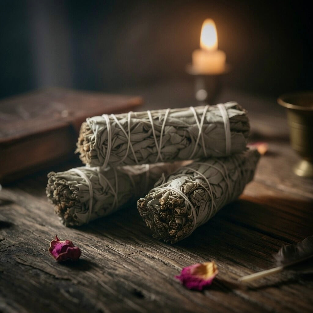 Three white sage smudge sticks on a wooden surface with a candle in the background