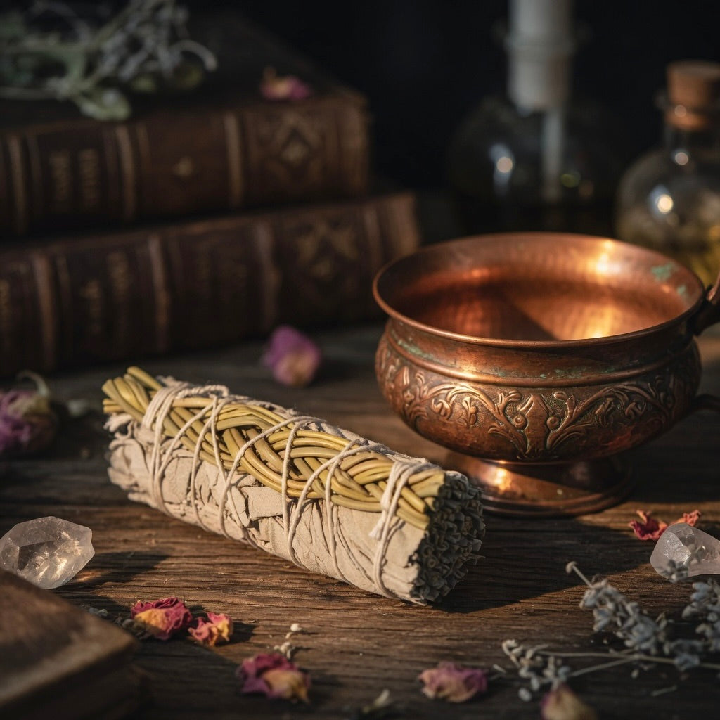 Copper bowl and sage and sweetgrass smudge stick on a wooden surface with books and bottles in the background