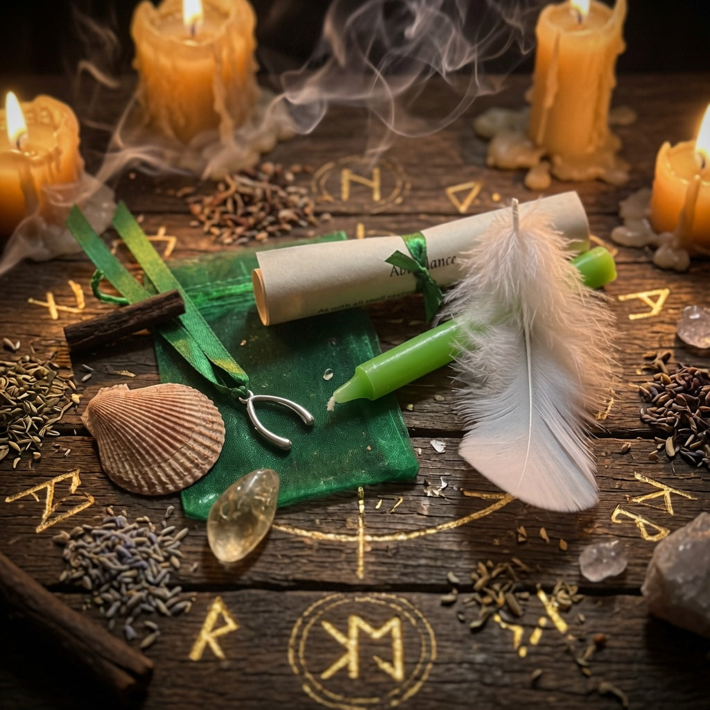 Abundance spell kit contents, shell, candle, feather and scroll, on a wooden surface with witchcraft markings and candles