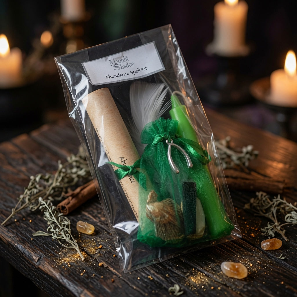Abundance spell kit with a candle, feather, and other items on a wooden surface with candles in the background.
