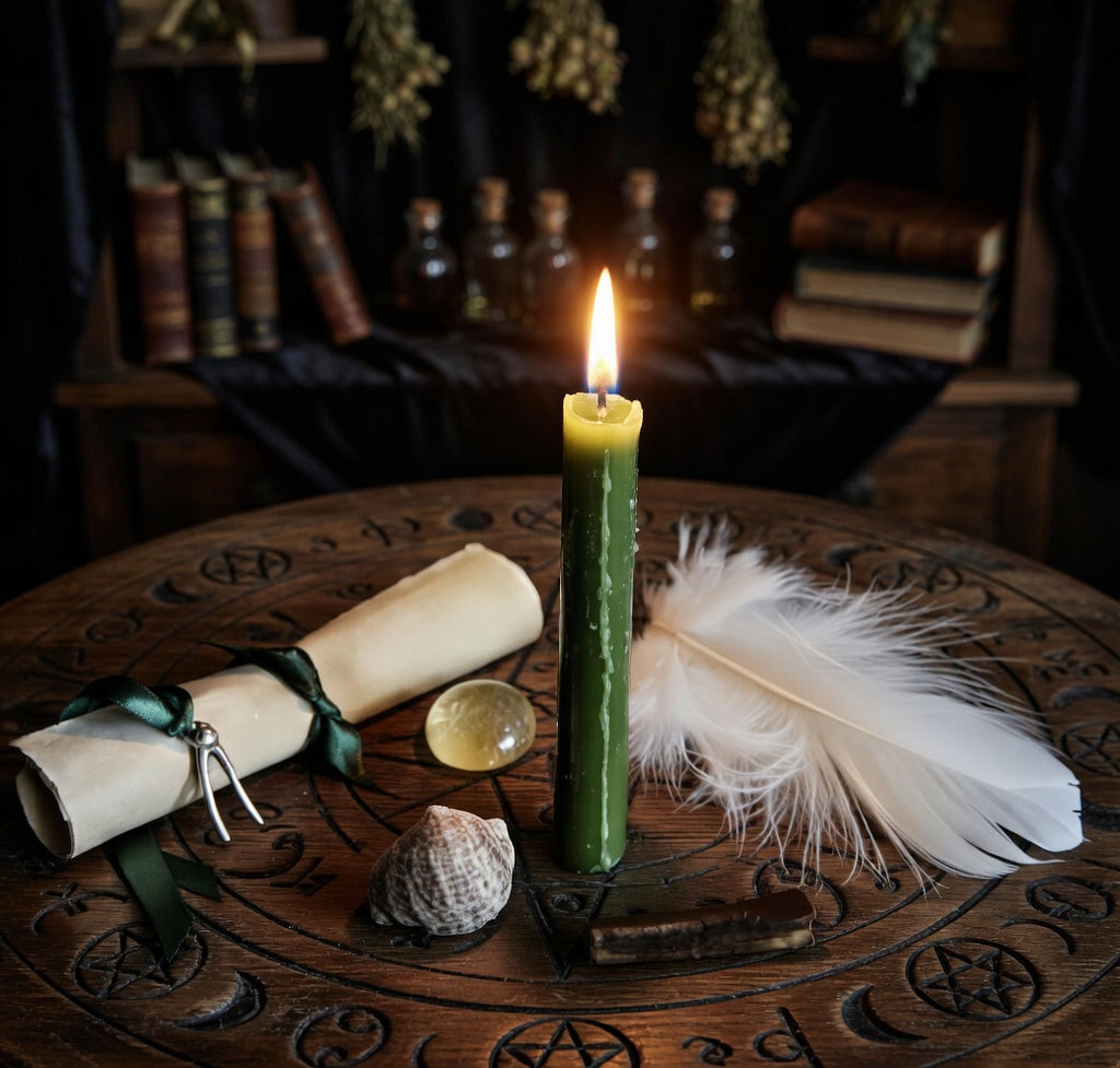 Abundance spell casting with lit green candle, scroll, feather and shell, on a carved round board with books and bottles in the background