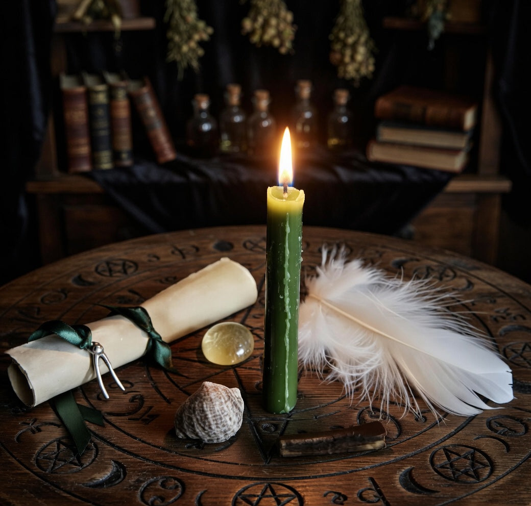 Abundance spell casting with lit green candle, scroll, feather and shell, on a carved round board with books and bottles in the background