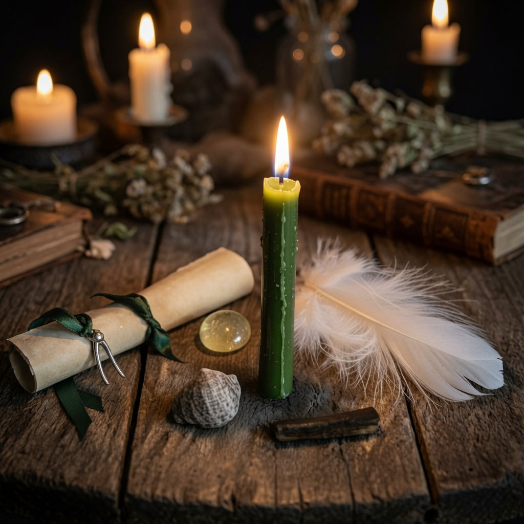 Green candle, feather, and scroll on a wooden surface with candles in the background