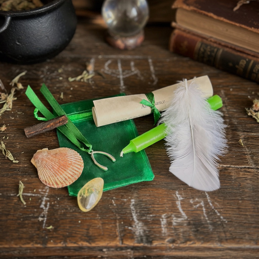 Abundance spell kit with scroll, feather, candle and shell, on old wooden surface with witchcraft items