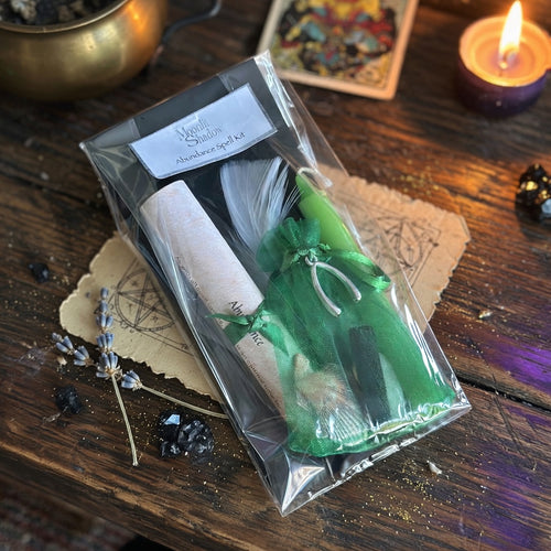 Abundance spell kit on a wooden surface with wutchcraft items