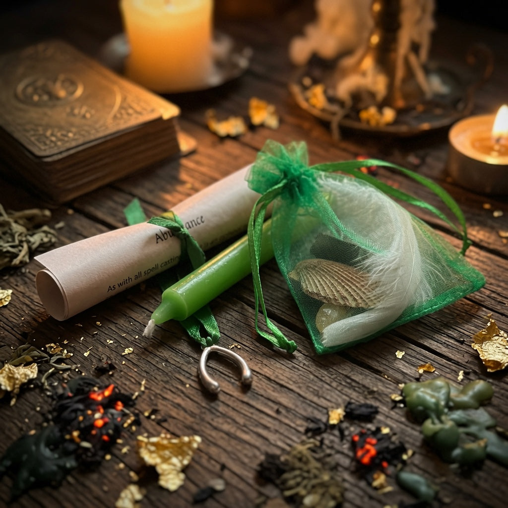 Abundance spell kit, candle and scroll, on a wooden surface with witchcraft items and candles