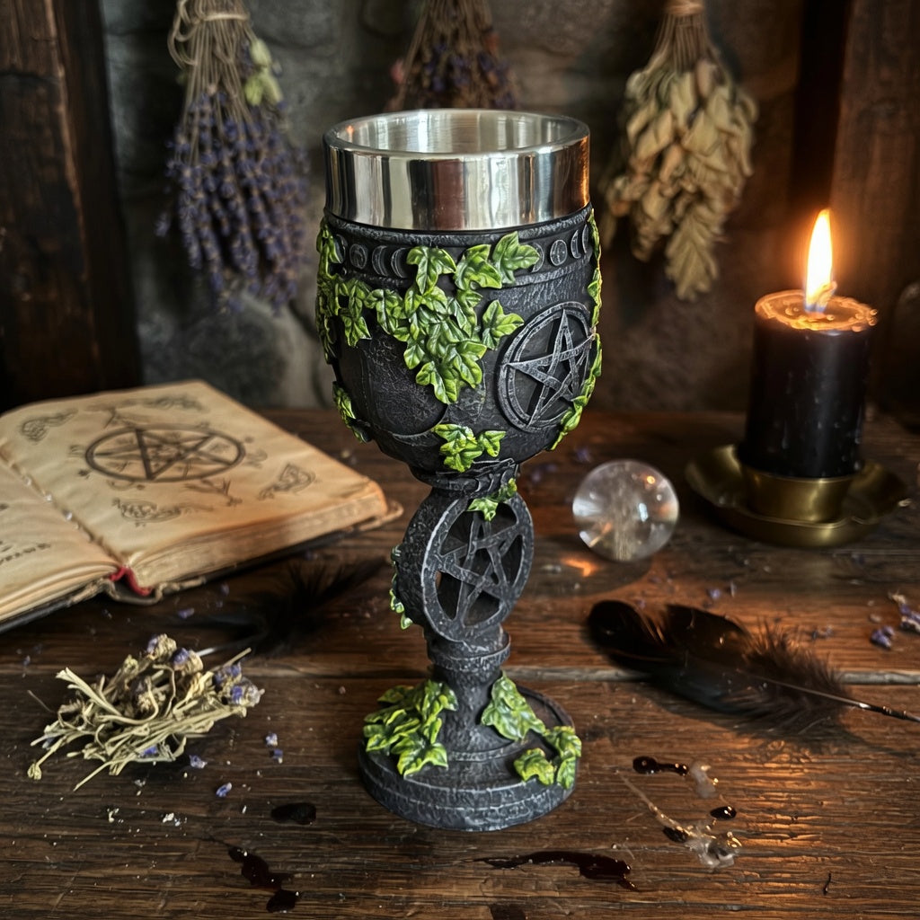 Decorative resin chalice with pentacle design on a wooden surface with candles and herbs.