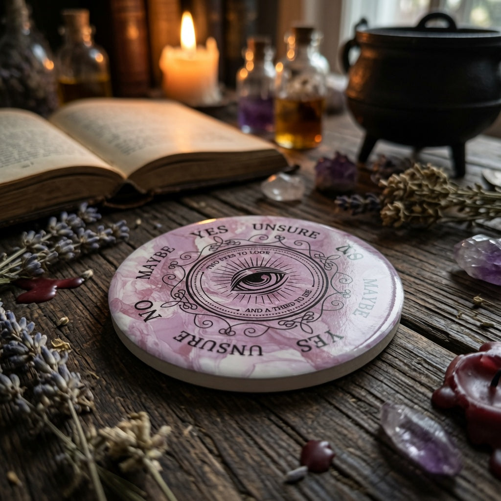 Pink all seeing eye ceramic pendulum board on a wooden surface with books and candles