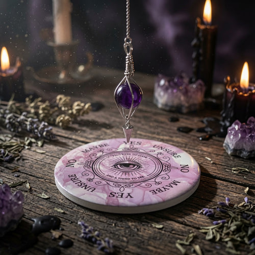 amethyst pendulum on a pink divination board with candles and crystals in the background