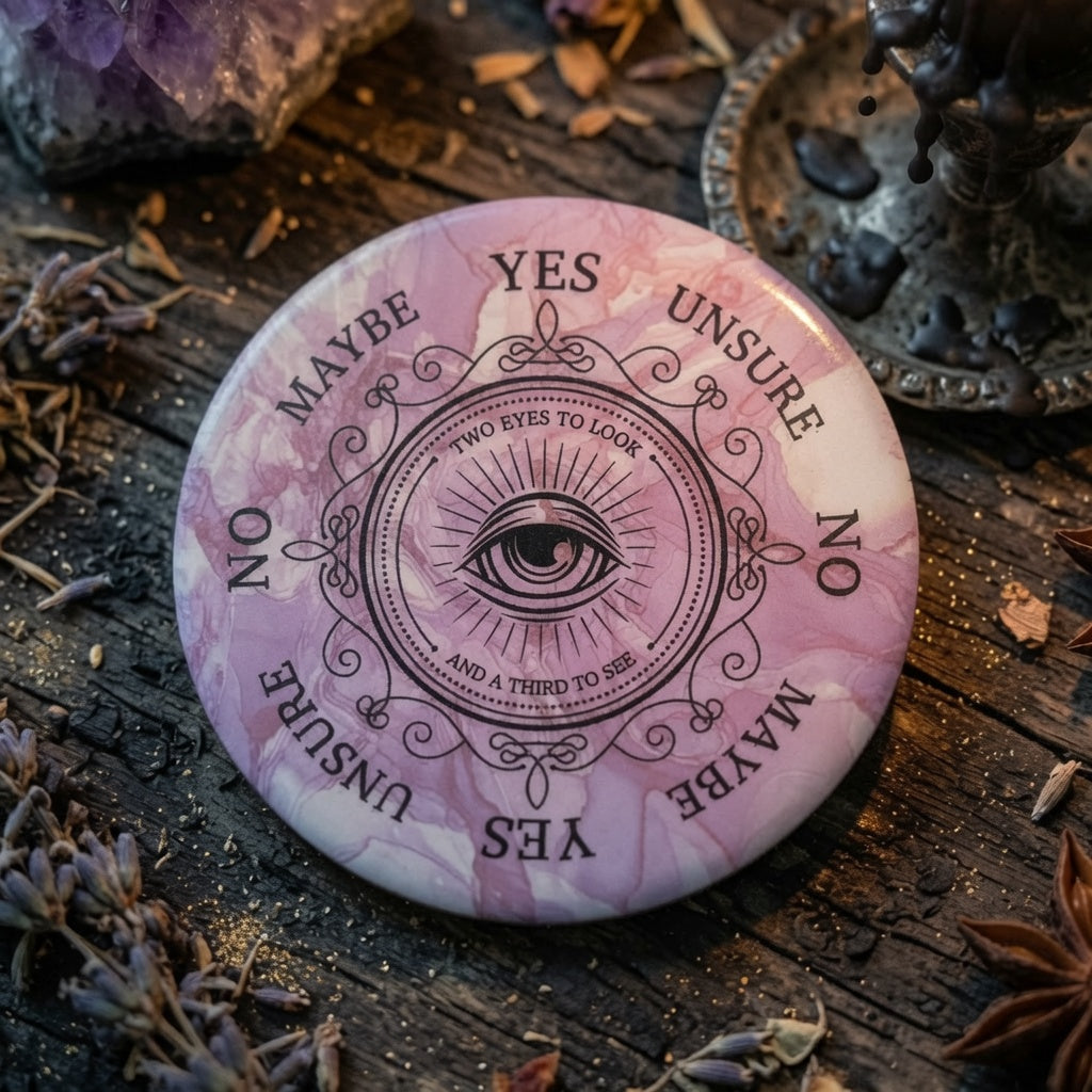 Ceramic pendulum board with all seeing eye design, on a wooden surface with herbs and crystals.