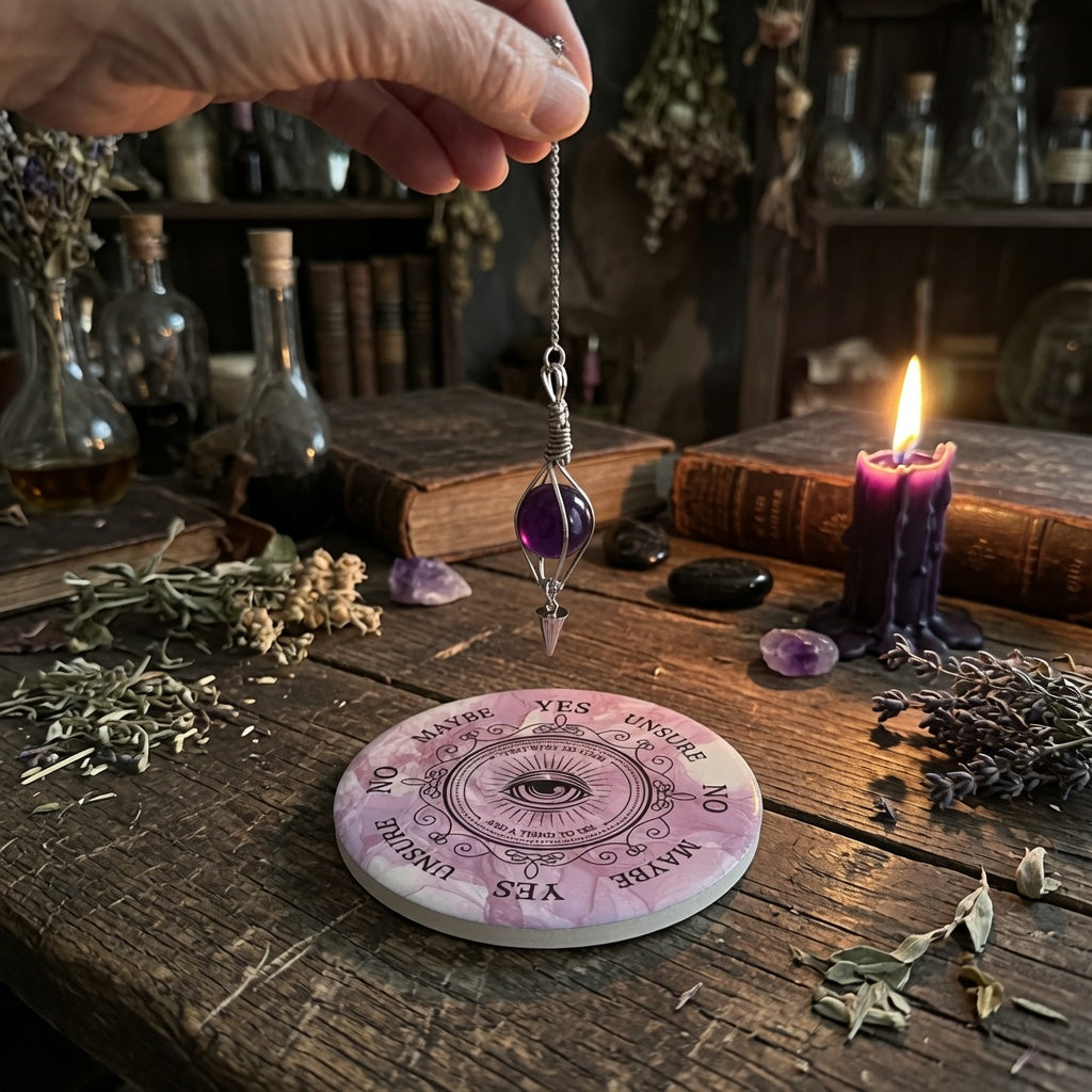 Ceramic pendulum board and pendulum, being used on a wooden surface with herbs and crystals.