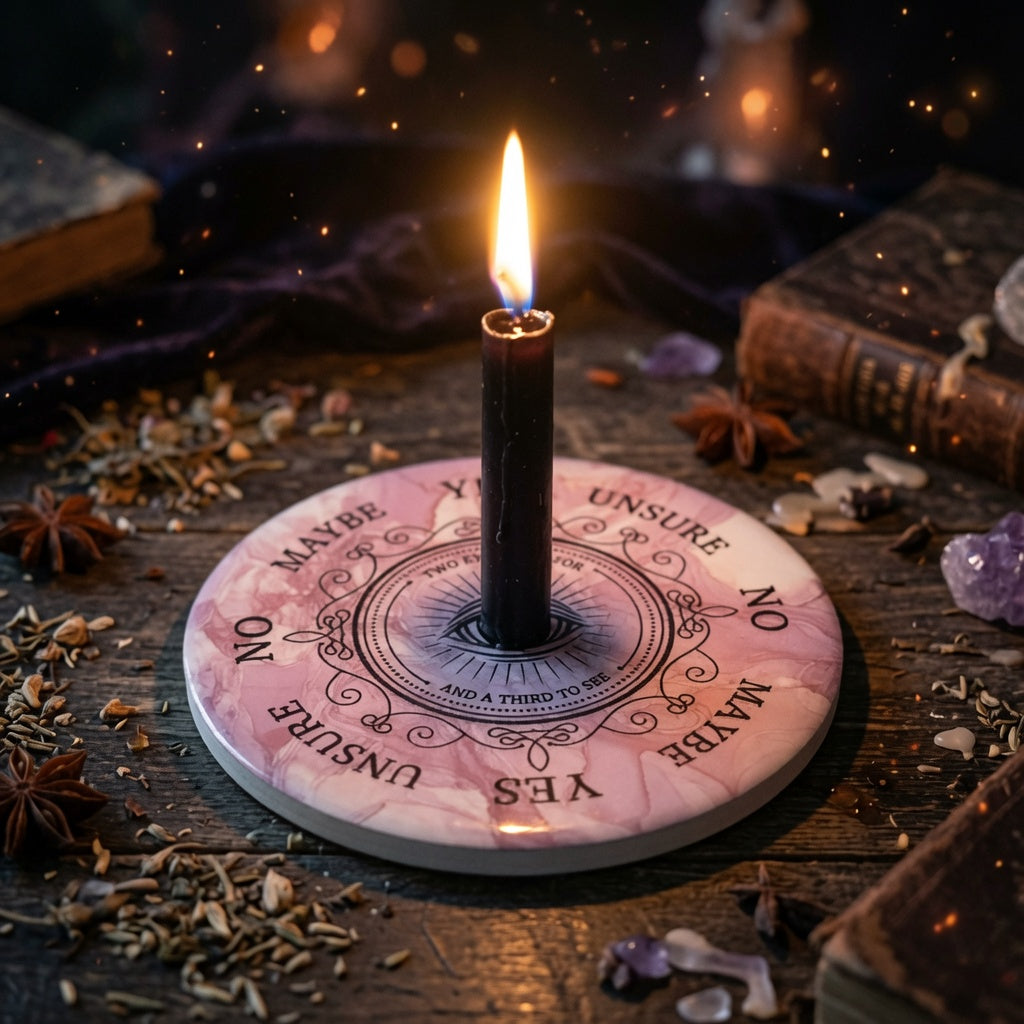 Candle on a ceramic pendulum board with text, surrounded by dried herbs and books on a dark surface.