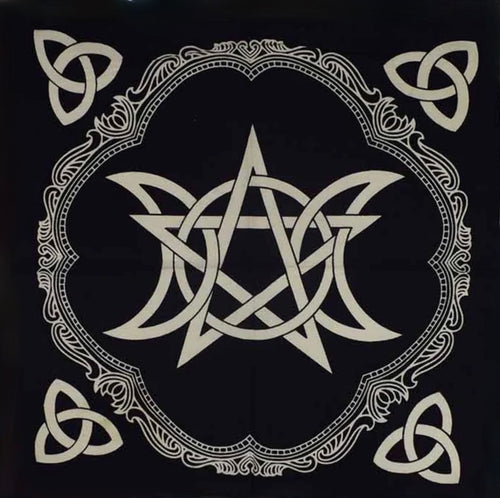 Decorative altar cloth, with Pentagram intertwined with Triple Moon Goddess design on a black background. 