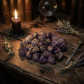 Amethyst rune stones on a wooden surface with candle, athame and herbs