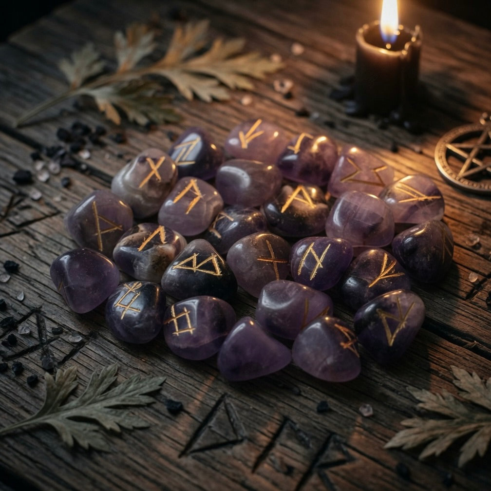 Amethyst runes on a carved wooden surface with a candle