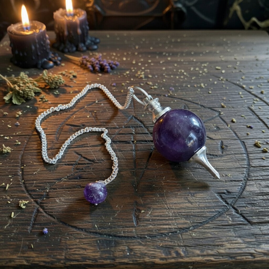Amethyst pendulum on a silver chain with candles and herbs on a wooden surface