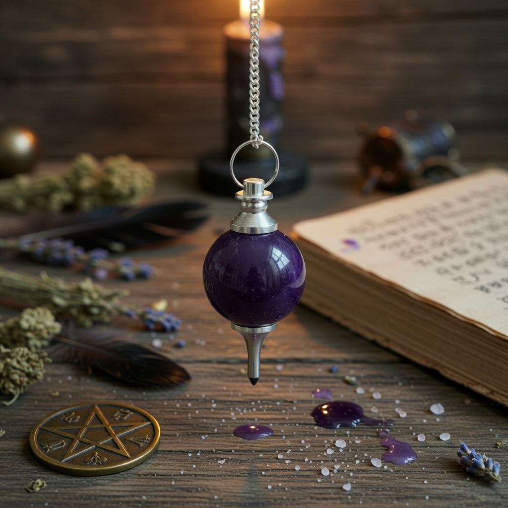 Amethyst sphere pendulum hanging over a wooden surface, with a book, feather and token