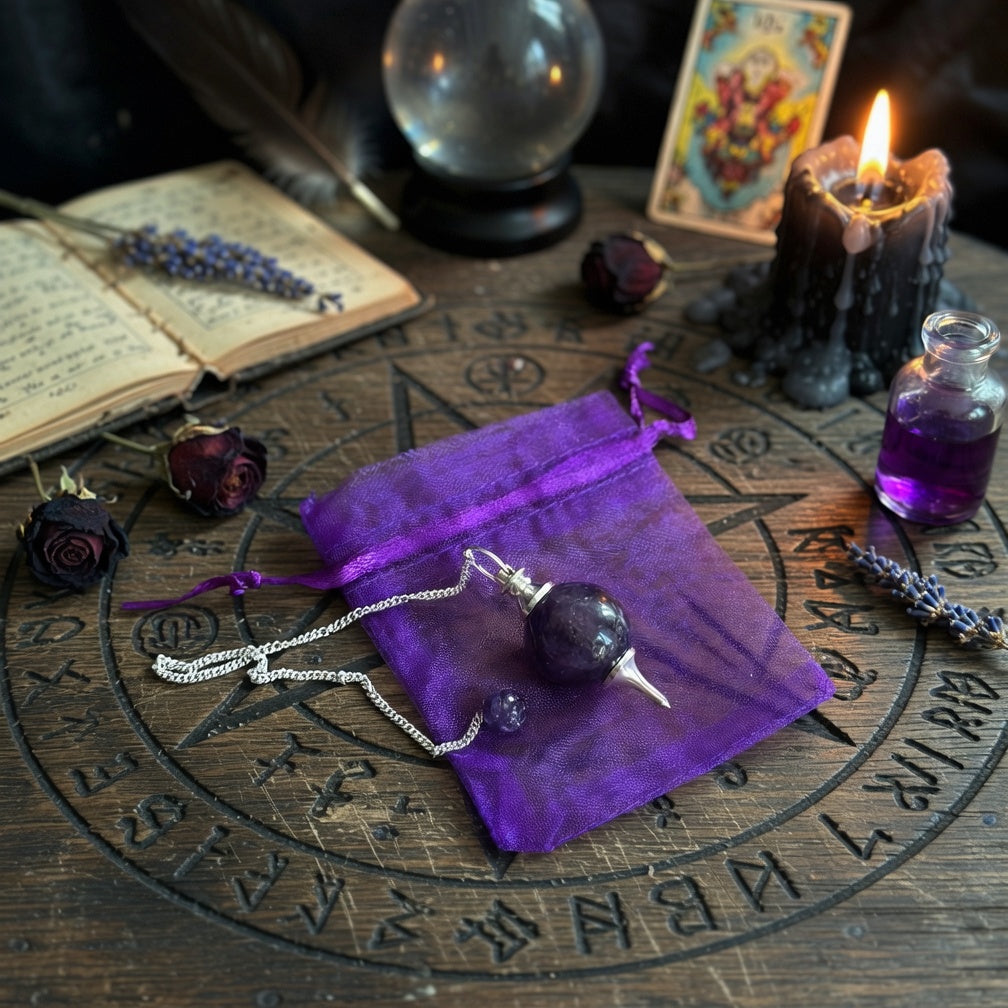 Amethyst sphere pendulum and purple pouch, on  a wooden surface, with a book, feather and candle