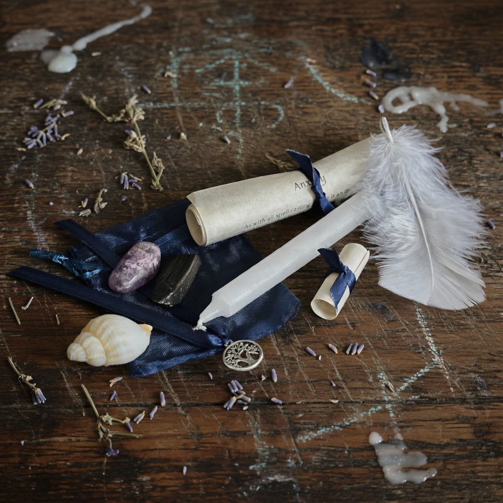 Anxietybspall kit with scroll,  feather, stones, and a shell on a wooden surface with occult chalk drawings.