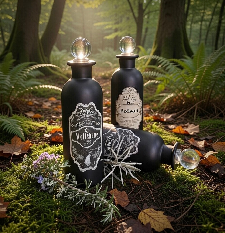 Decorative black bottles of wolfsbane, and poison,with glass stoppers, in a natural woodland scene