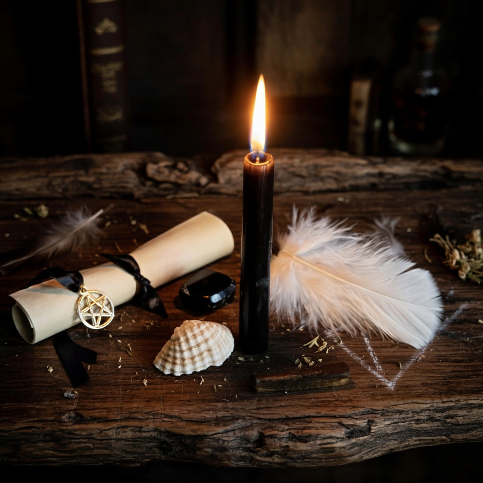 Banish negativity spell casting, using candle with a feather and scroll on a wooden surface