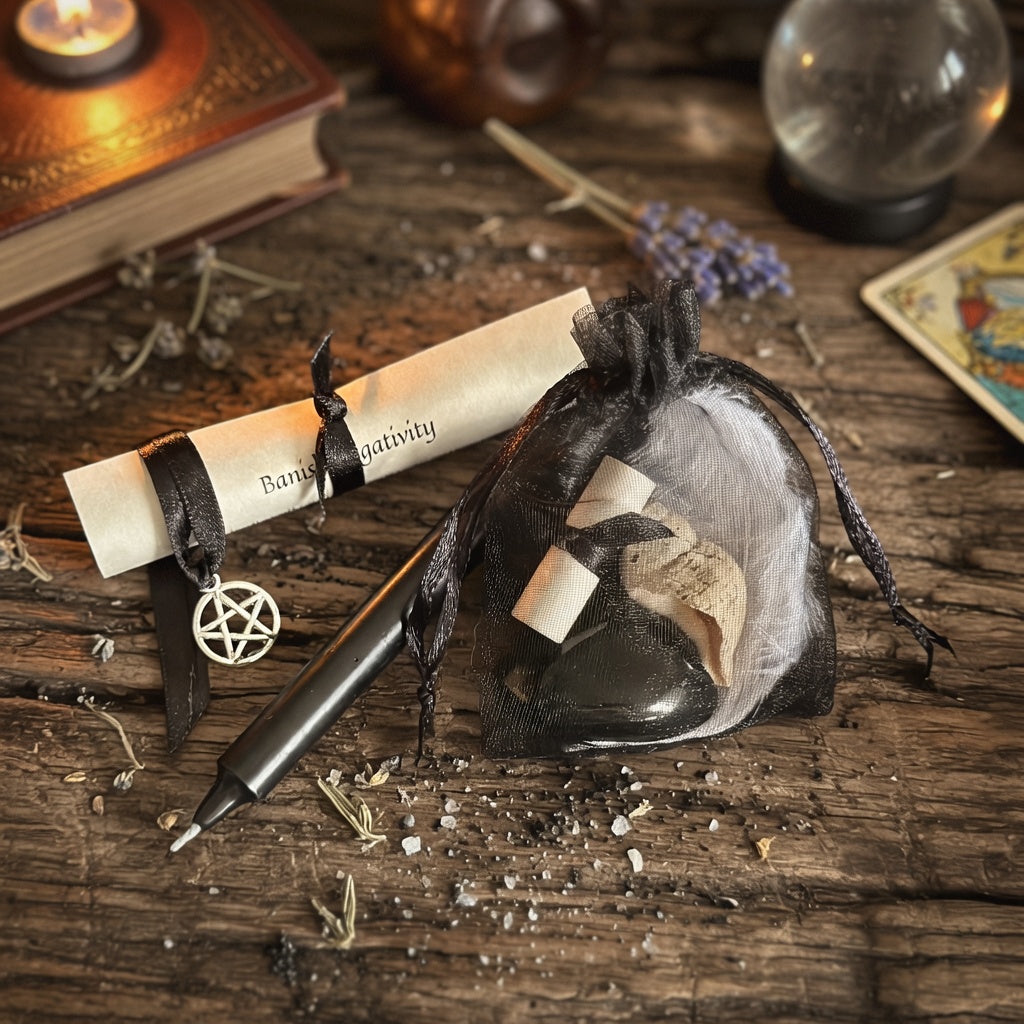 Banish negativity spell kit including a scroll, candle, and black bag on a wooden surface with sorcery items