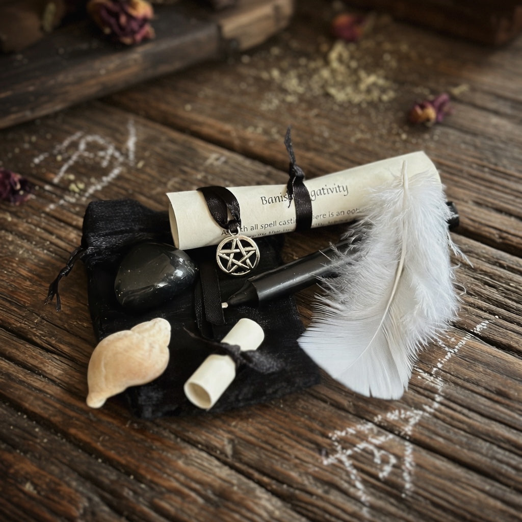 Banish negativity spell kit including a pentacle symbol, feather, and black bag on a wooden surface with occult chalk markings