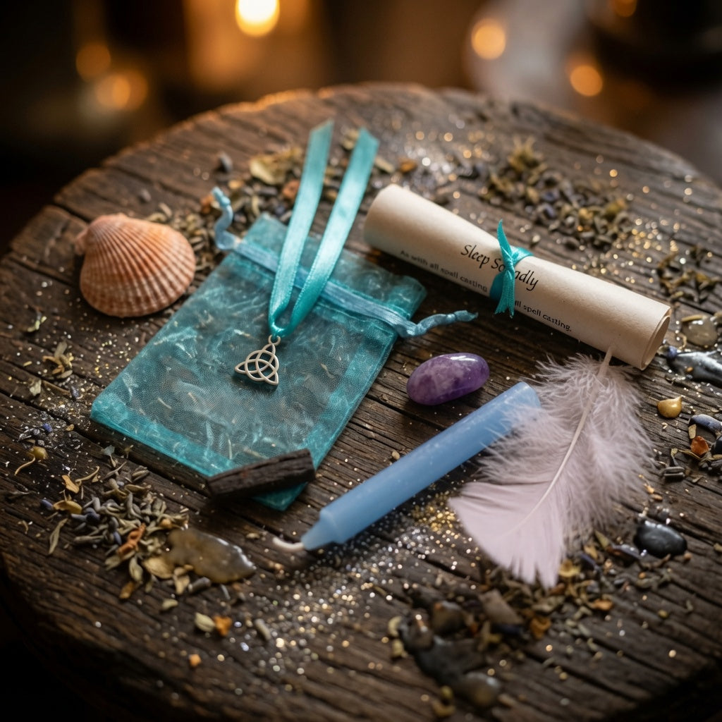 Sleep soundly spell kit contents, on a wooden surface with herb sprinkles 