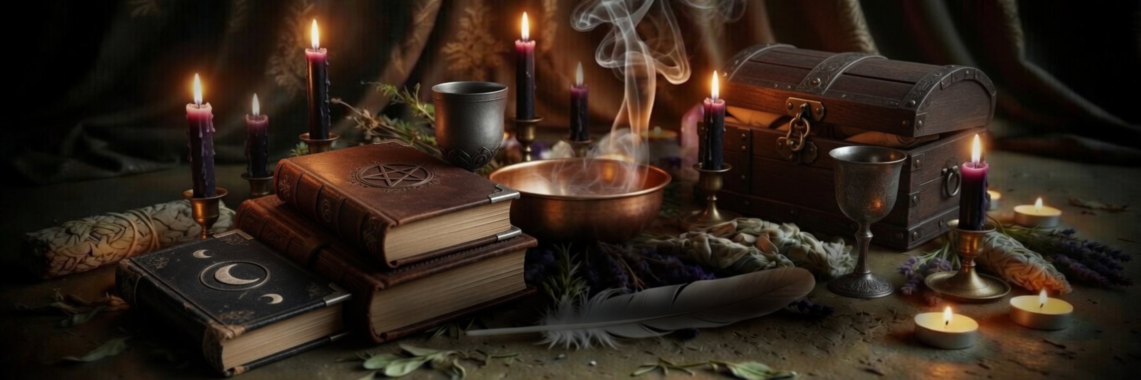 Leather book of shadows, open chest, copper smudge bowl and goblets, in a mysterious dark background