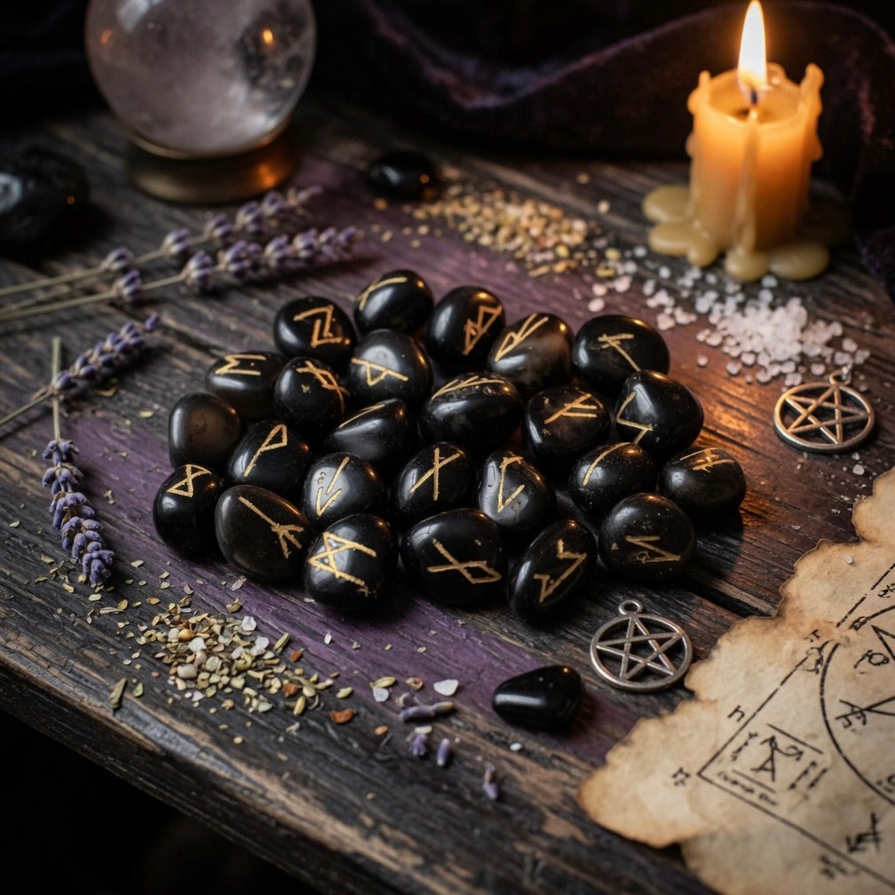 Black onyx rune stones with gold markings on a wooden surface with a candle and lavender.
