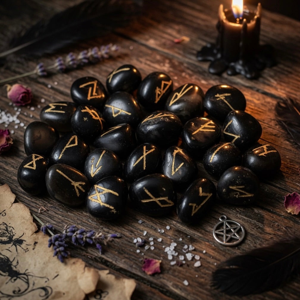 Black onyx rune stones on a wooden surface with a candle and dried flowers.