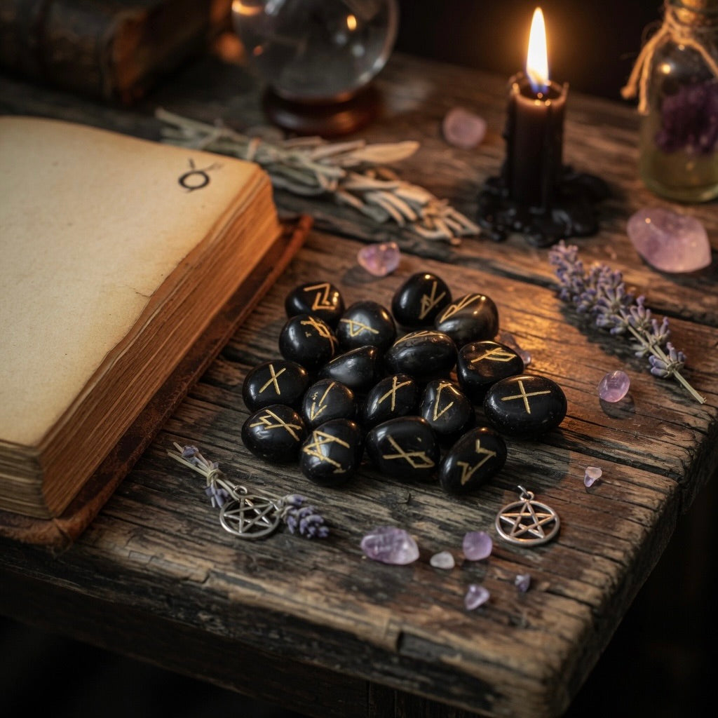 Black onyx rune stones with gold symbols on a wooden surface with a candle and crystals.