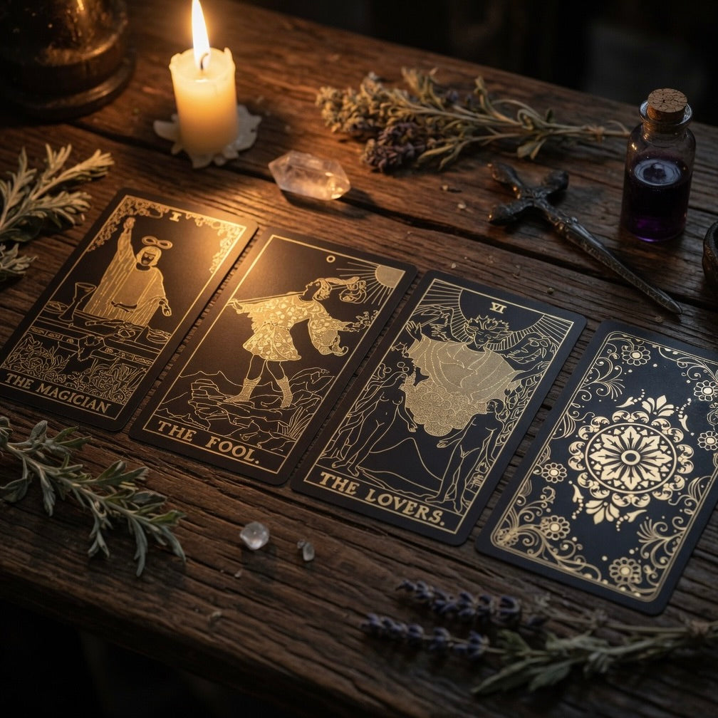 Black and gold foil tarot cards on a wooden table with candles and herbs