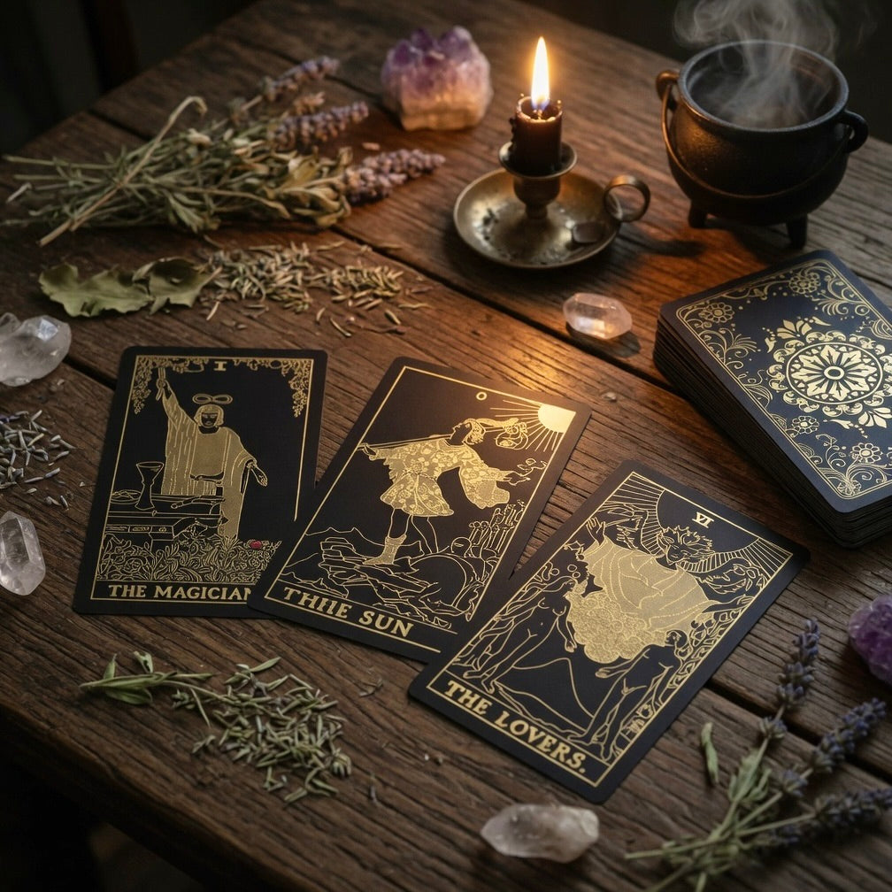 Gold foil tarot cards on a wooden table with candles, crystals, and herbs