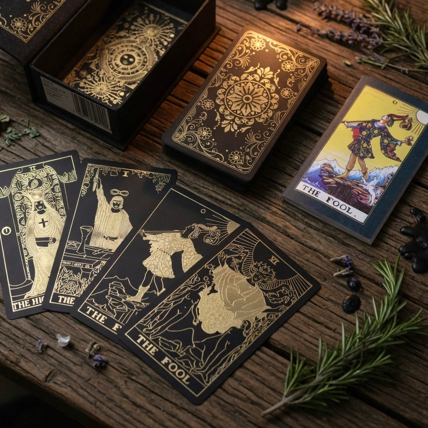 Collection of tarot cards with gold designs on a wooden surface.