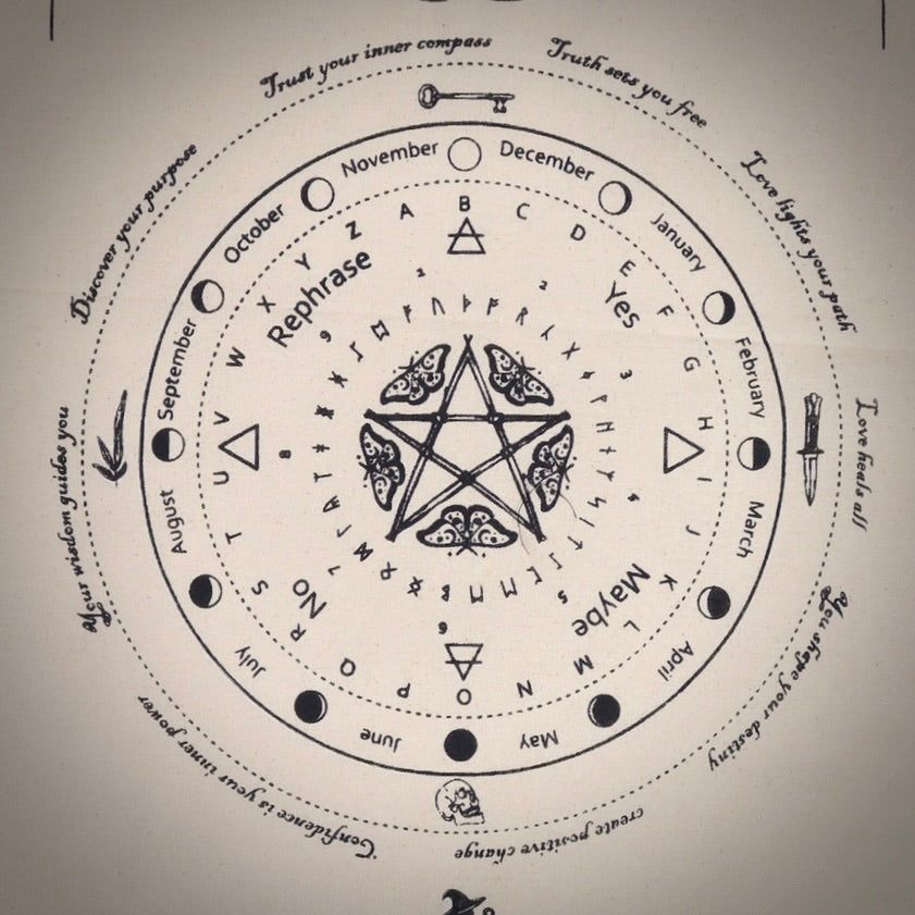 Mystic moth design in black on a cream cloth. Featuring central pentagram with moths around it surrounded by phrases, months and symbols