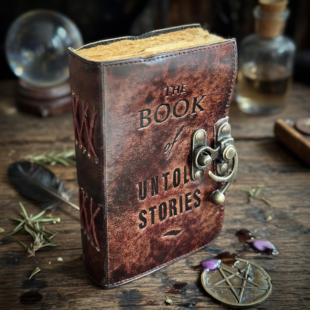 Leather-bound book titled 'The Book of Untold Stories' on a wooden surface with mystical items.